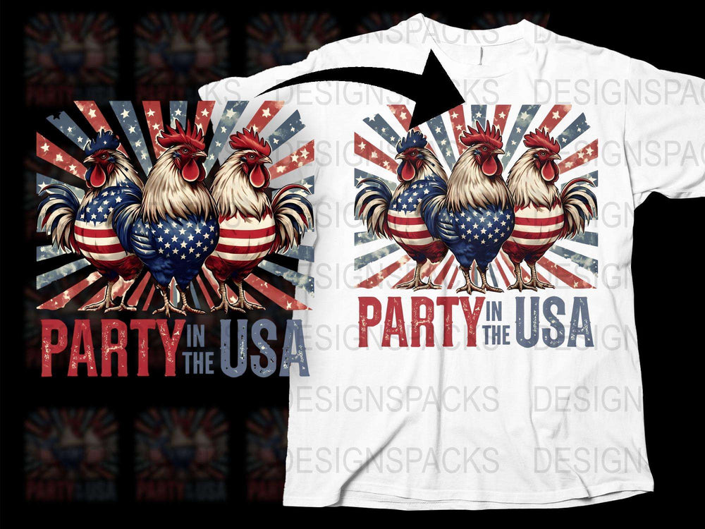 Patriotic USA Rooster T-Shirt, American Flag Design, Party in the USA, Independence Day Tee