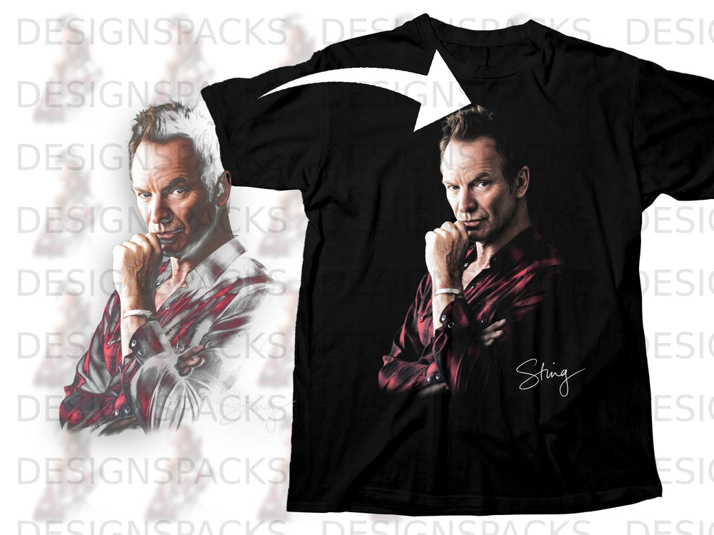 Black t-shirt featuring a portrait of Sting with his name printed below.