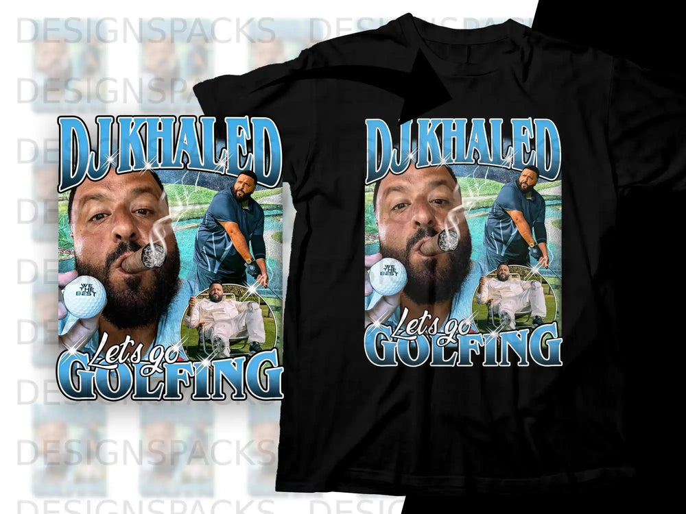 DJ Khaled smoking cigar, playing golf, with text "Let's Go Golfing."