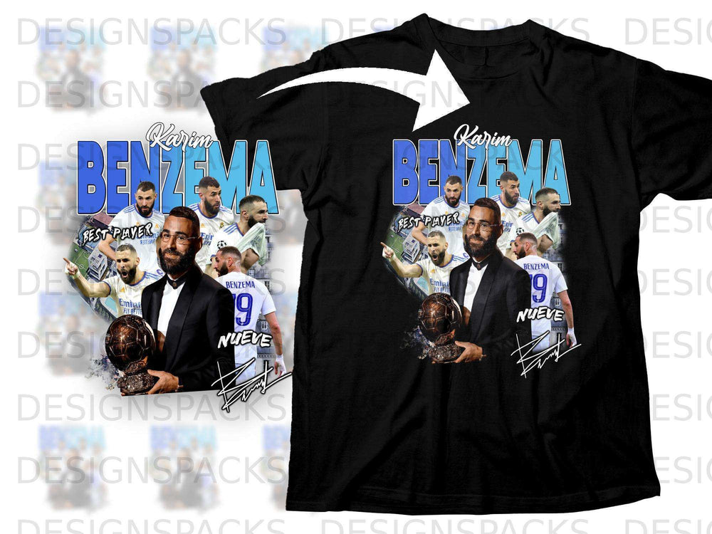 Karim Benzema graphic t-shirt with trophy and text "BEST PLAYER NUEVE".