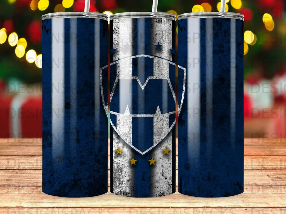 Blue and white striped tumbler with a shield logo and stars.