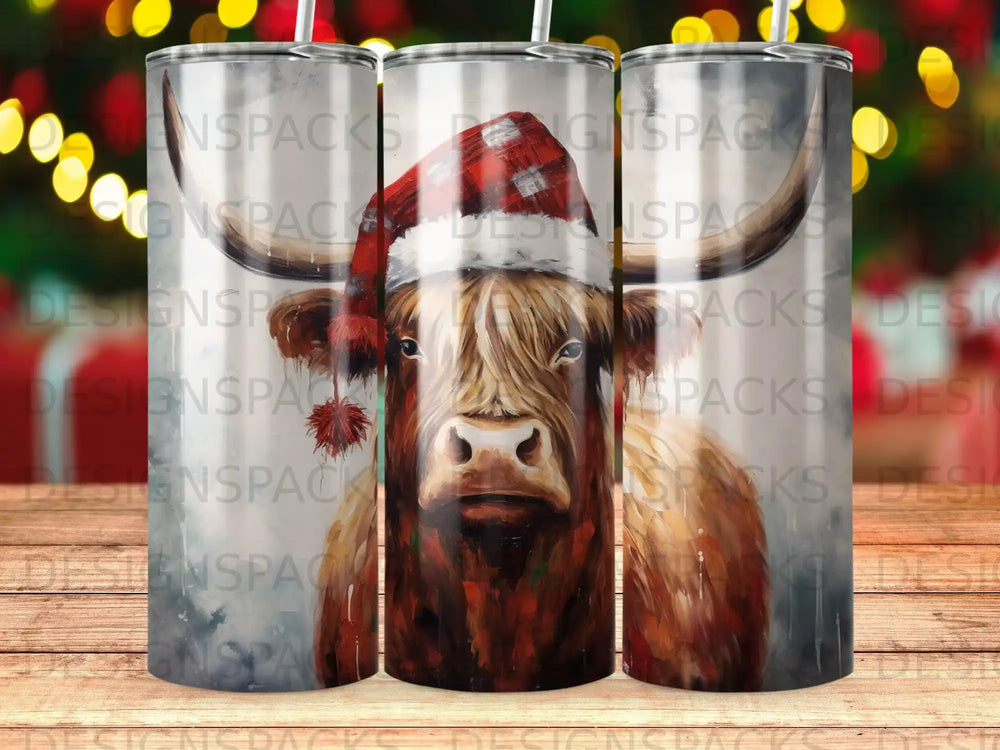 Highland cow wearing Santa hat, close-up, festive holiday design.