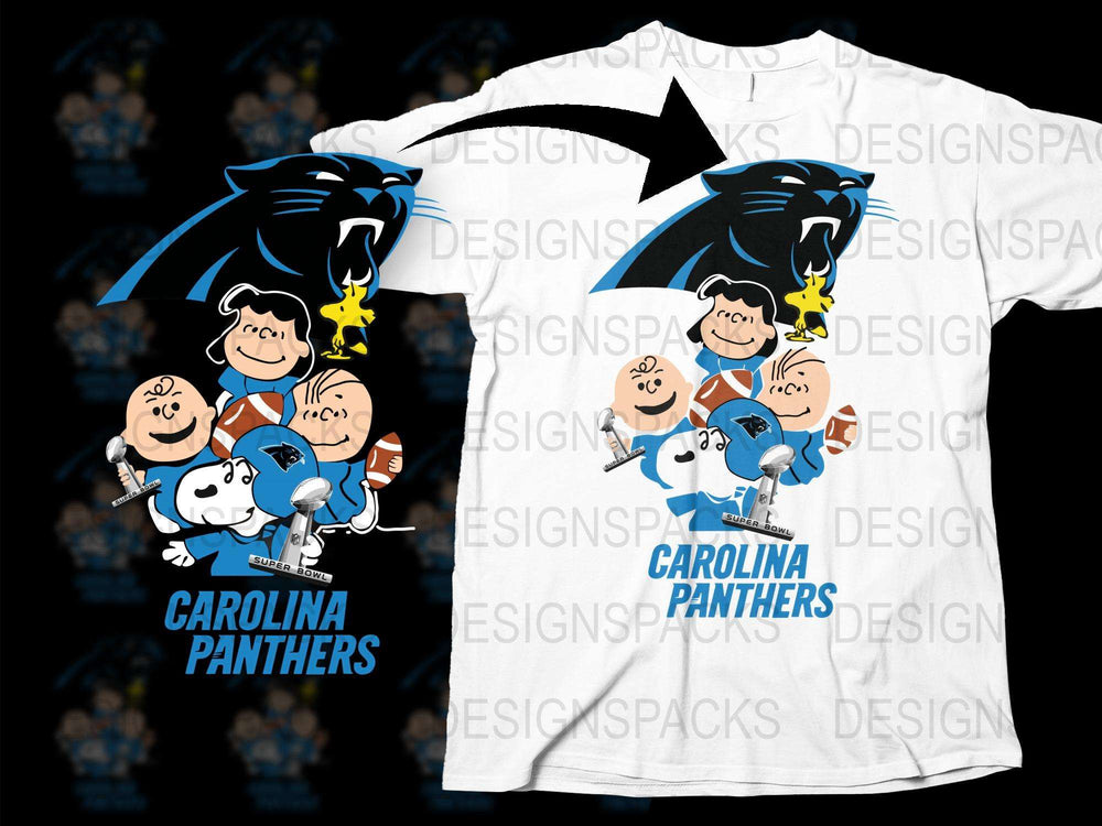 Carolina Panthers Peanuts Cartoon Characters T-Shirt, NFL Football Fan Apparel, Unisex White Graphic Tee