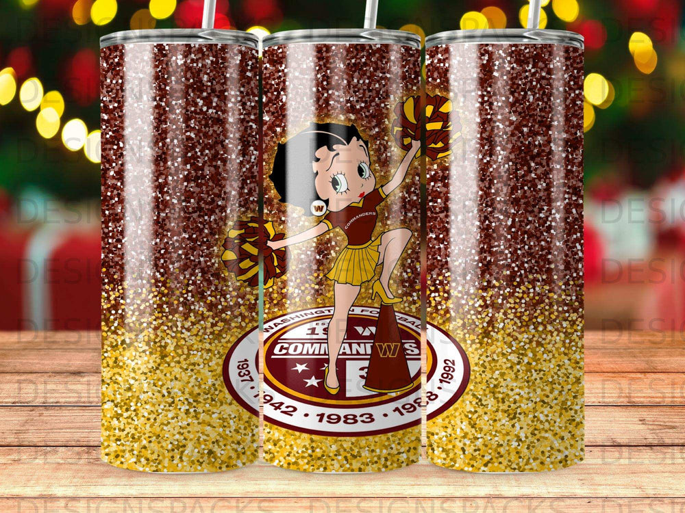 Washington Commanders tumbler with Betty Boop mascot and team logo.