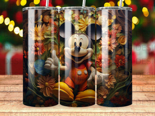 Mickey Mouse in orange shorts surrounded by colorful floral patterns and foliage.
