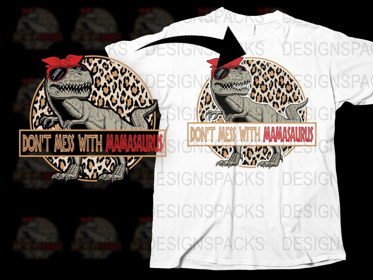 MamaSaurus T-Shirt, Funny Dinosaur Graphic Tee, Women's White T-Shirt with Leopard Print and Red Bow Design