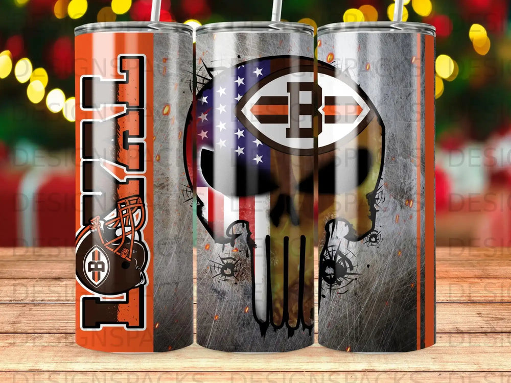 Browns skull tumbler with American flag design and team logo.