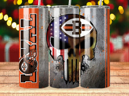 Browns skull tumbler with American flag design and team logo.
