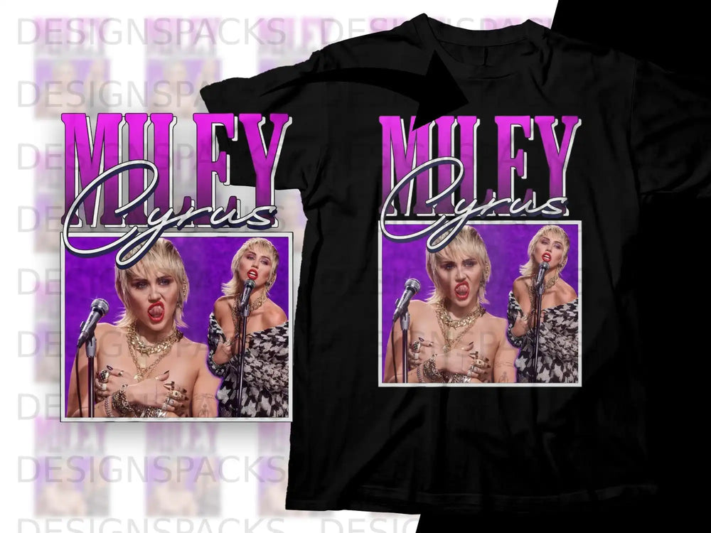 Miley Cyrus graphic tee with two images of her on a black t-shirt.