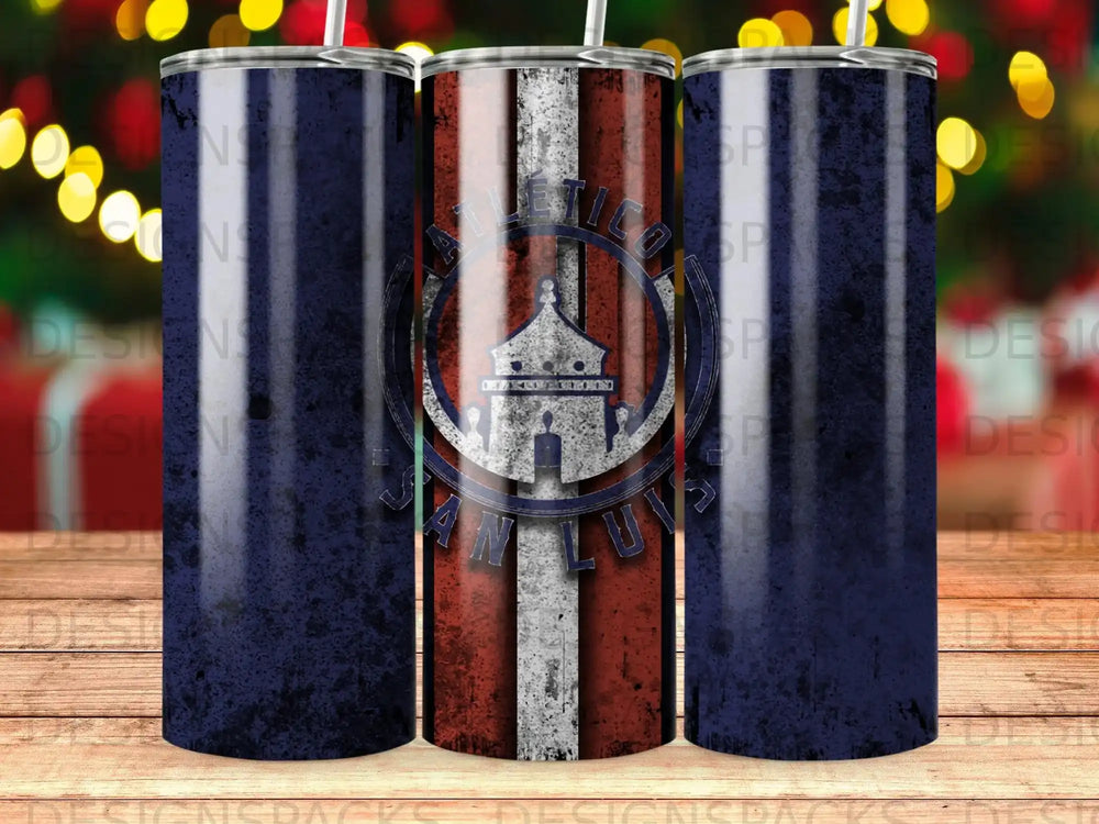 Tall tumbler with Atletico San Luis logo and red, white, and blue stripes.