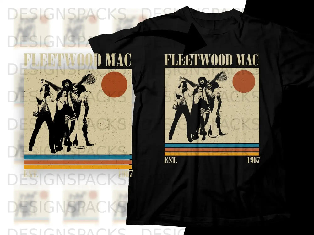 Fleetwood Mac band members in silhouette against a sunset, with "Fleetwood Mac" text.