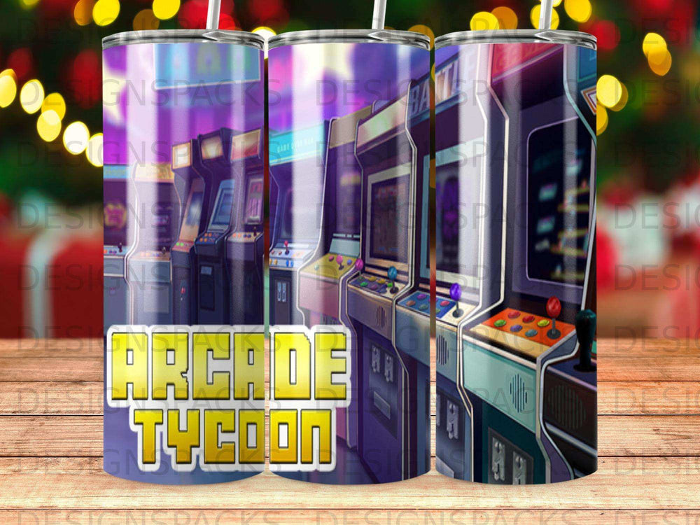 Arcade Tycoon tumbler with rows of colorful vintage arcade game cabinets.