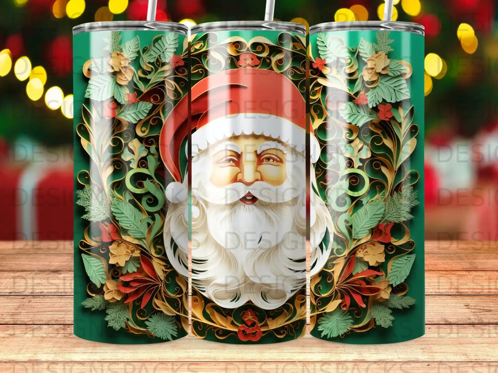 Santa Claus portrait surrounded by festive green and gold Christmas wreath.