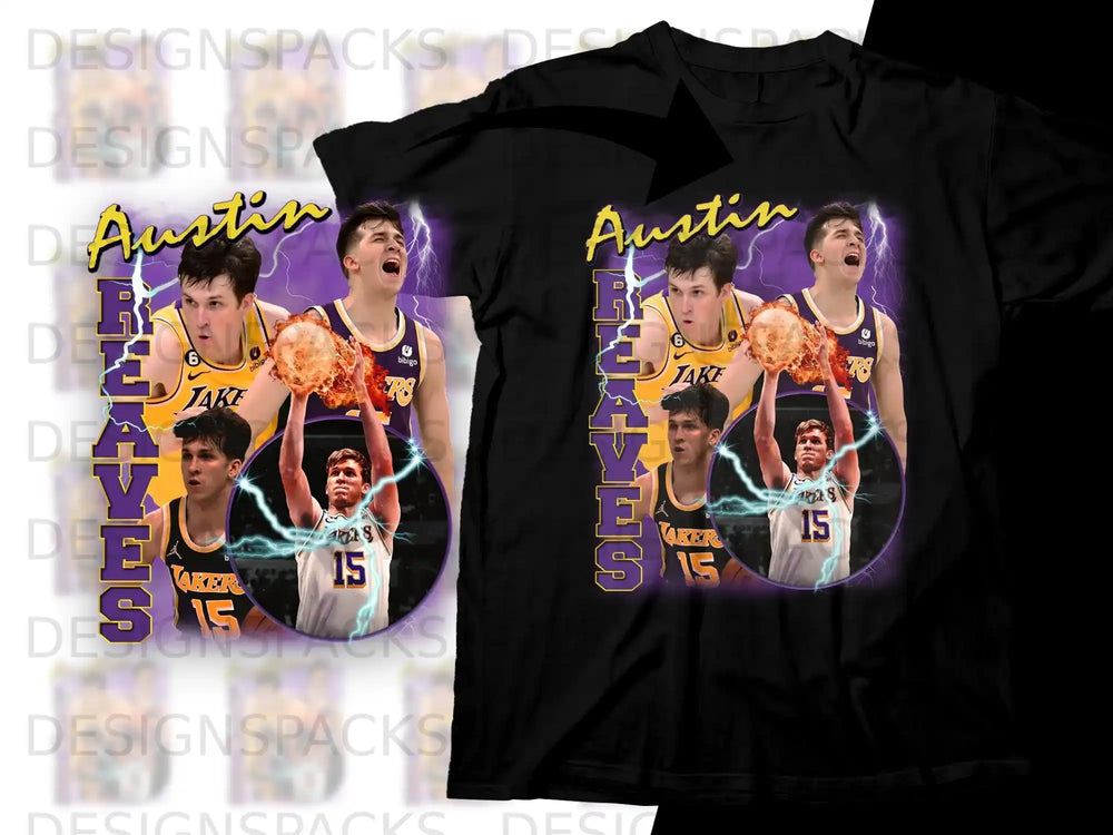 T-shirt with LeBron James and Austin Reaves artwork, "Austin Reaves" text.