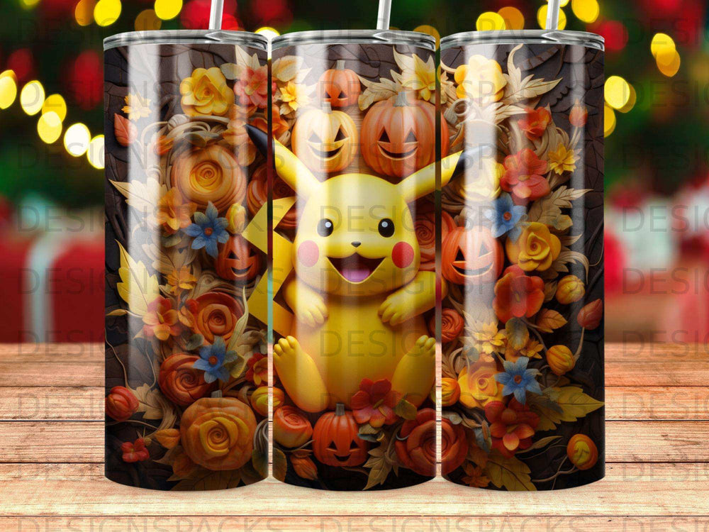 Pikachu character surrounded by pumpkins and autumn flowers on a tumbler.