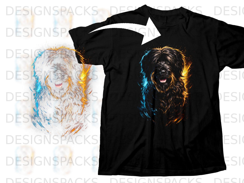 Black t-shirt with a vibrant, stylized portrait of a shaggy dog.
