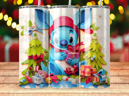 Stitch character holding a gift with holiday trees and presents.