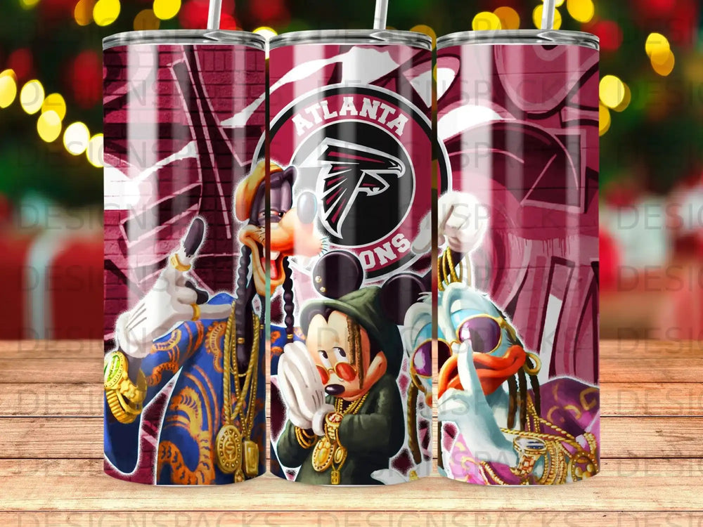 Mickey Mouse and Donald Duck in Atlanta Falcons jerseys, themed tumbler.