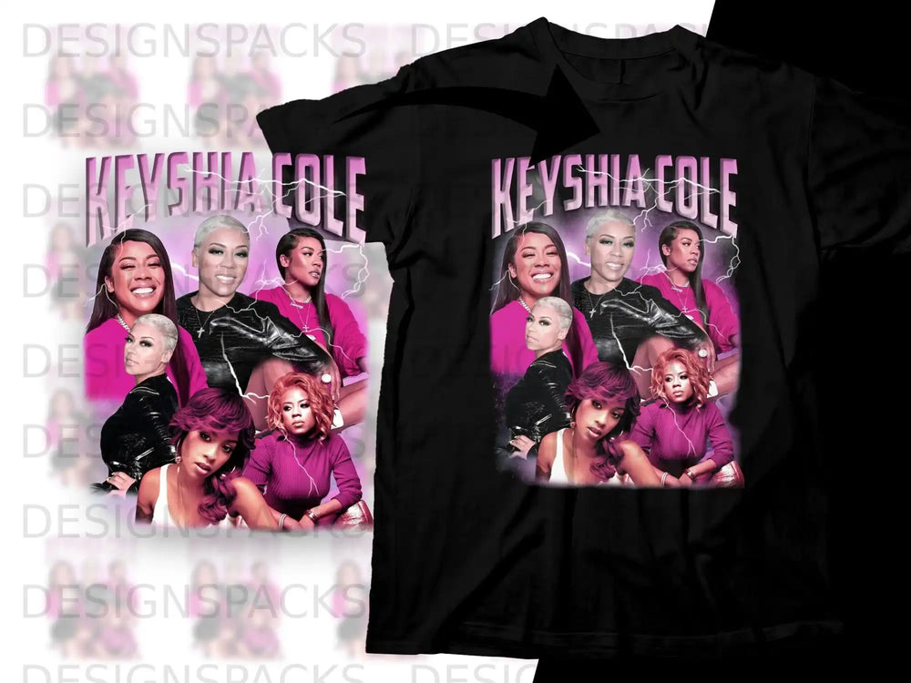 T-shirt featuring collage of Keyhisa Cole in pink and purple tones.