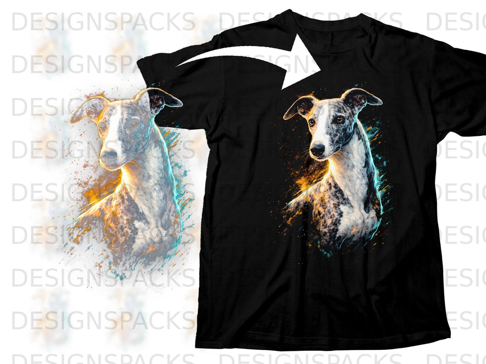 Black t-shirt featuring a brindle dog's portrait with vibrant paint splatters.