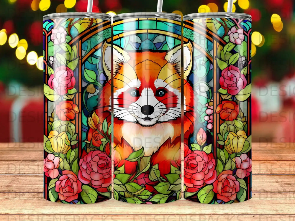 Stained glass fox illustration with floral border.
