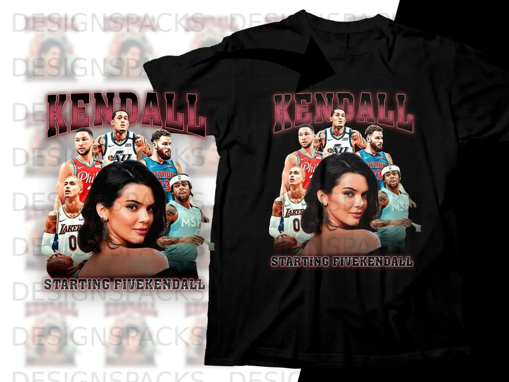 T-shirt with Kendall Jenner and basketball players, "Starting Five Kendall" text.