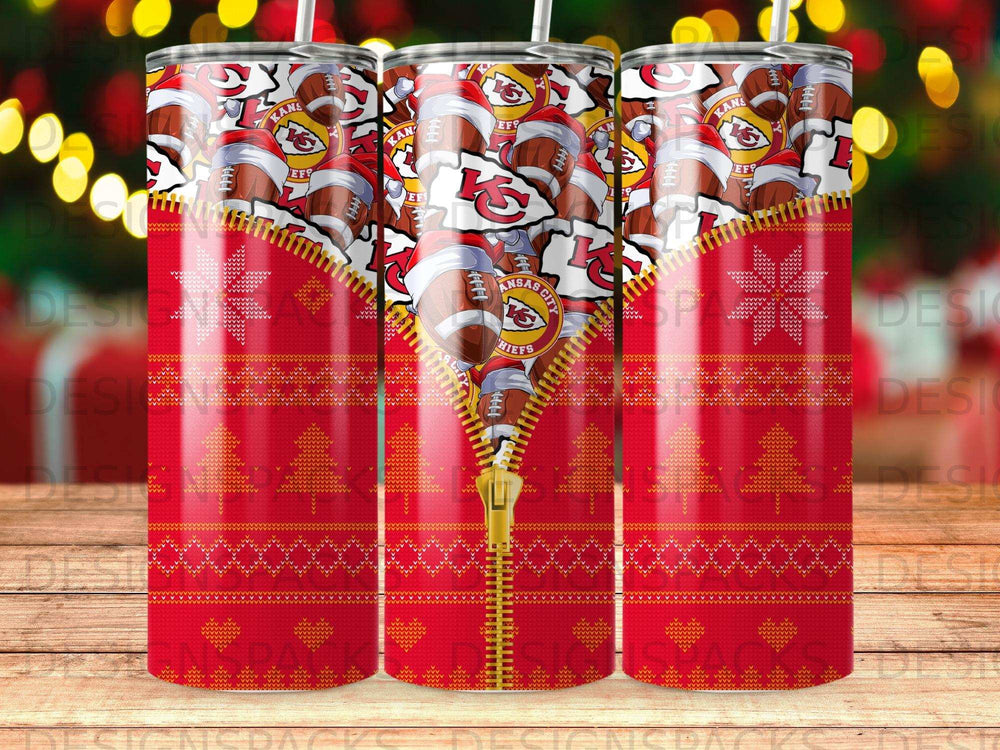 Red tumbler with Kansas City Chiefs logo and repeating snowflake and knit patterns.