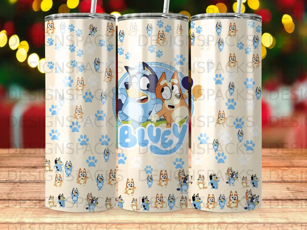 Bluey and Bingo characters on a tumbler design with repeating cartoon dogs.
