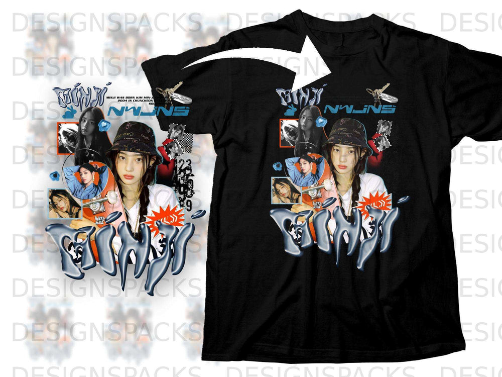 Black t-shirt with Minji from NewJeans graphic and "NWINS" text.