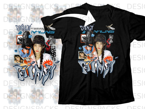 Black t-shirt with Minji from NewJeans graphic and 