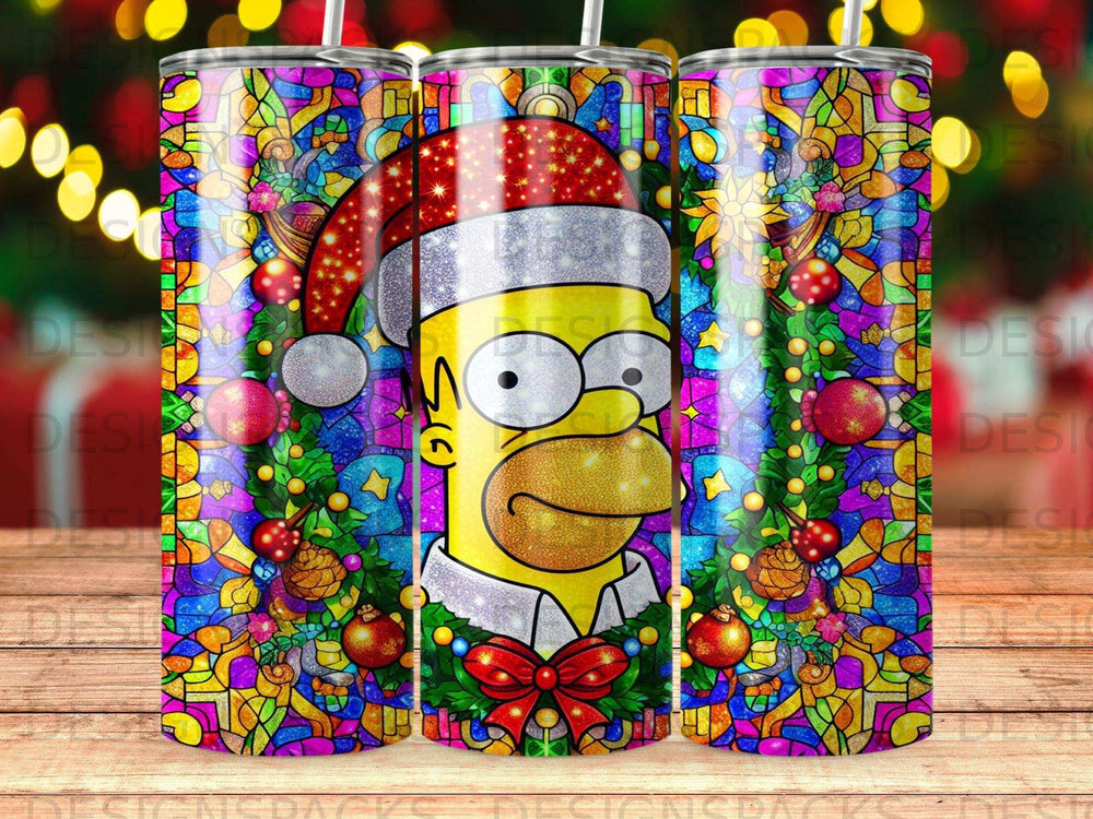 Homer Simpson in Santa hat with stained glass holiday background.