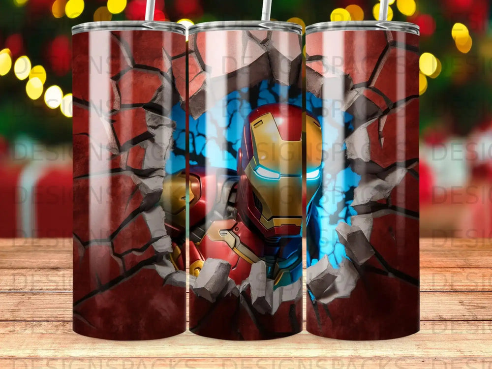Iron Man breaking through a red brick wall.