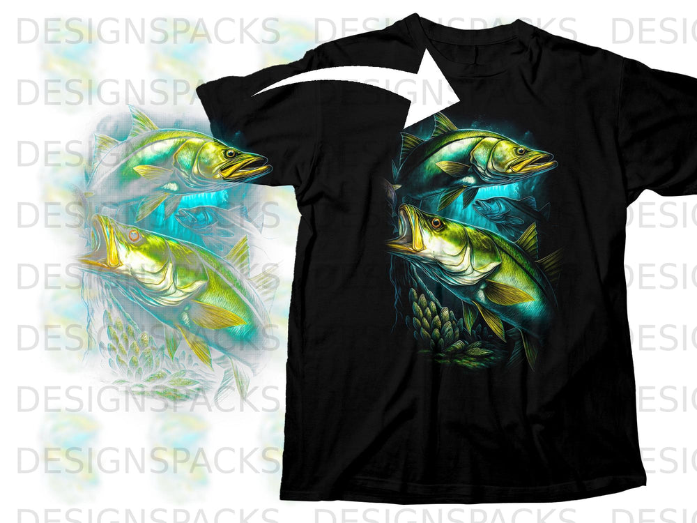 Black t-shirt with an illustration of three bass fish in dark, glowing water.