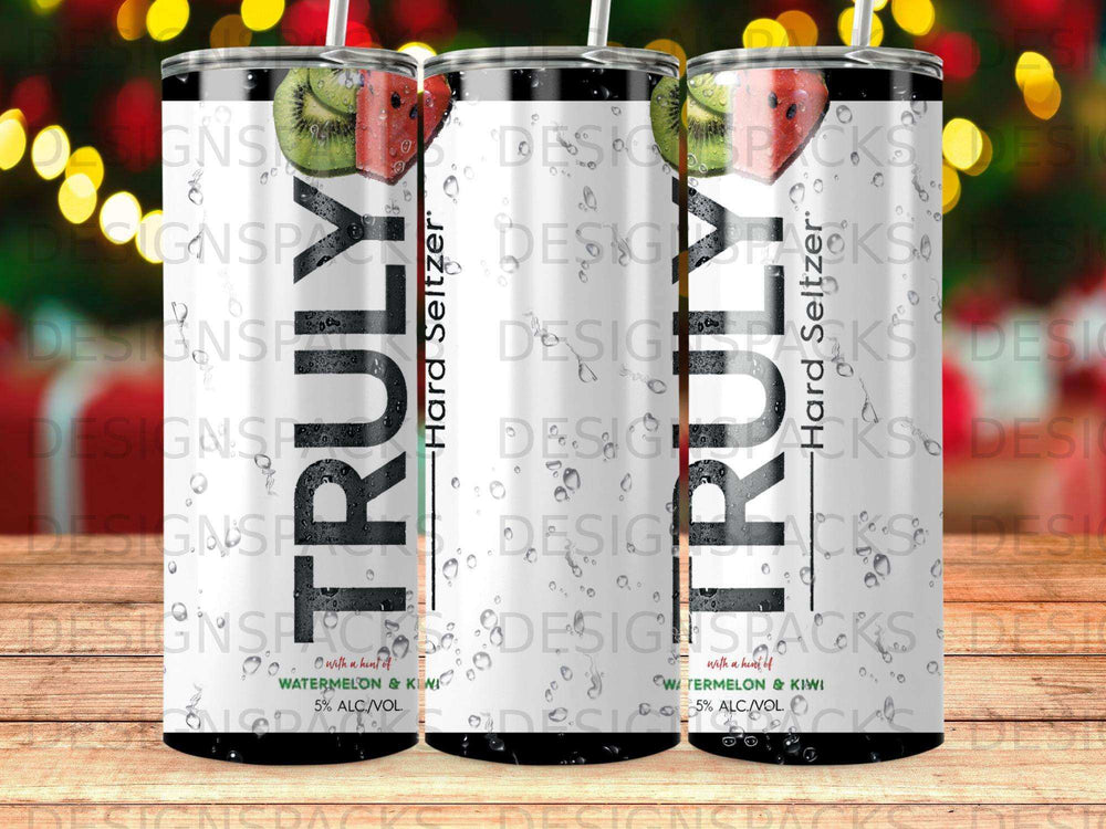 Truly Hard Seltzer Watermelon & Kiwi 16oz tumbler with watermelon and kiwi slices.