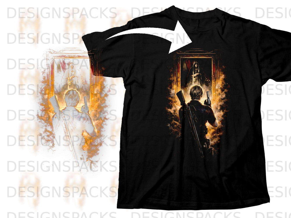 Black t-shirt featuring a framed artwork of a man holding a gun.
