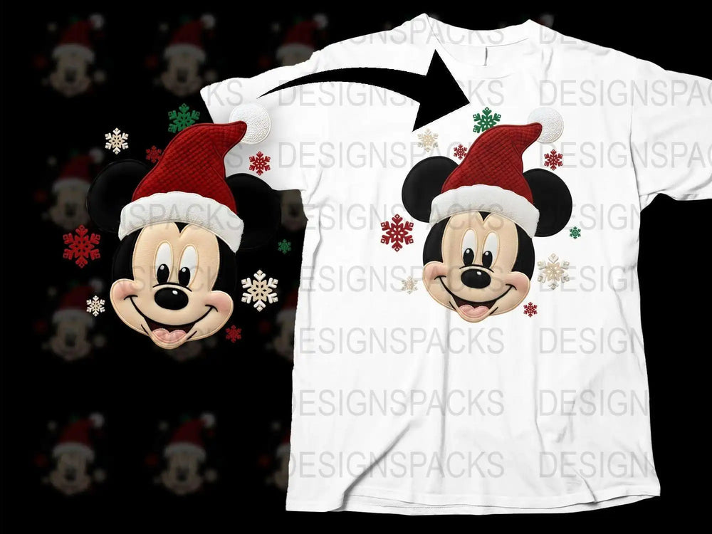 Cartoon Mouse Christmas T-Shirt, Festive Holiday Apparel, Red Santa Hat, Snowflakes Pattern, Unisex Kids Tee