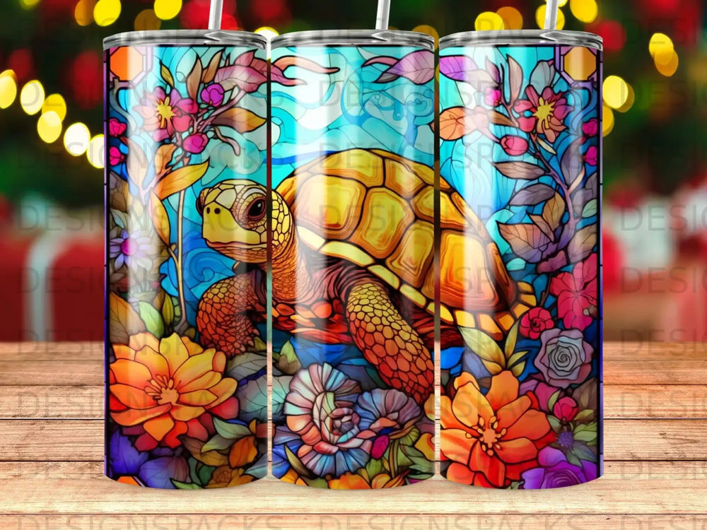 Turtle surrounded by colorful stained-glass flowers and foliage.