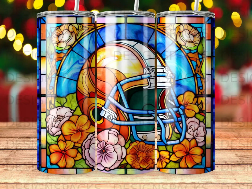 Stained glass football helmet with flowers and colorful border.