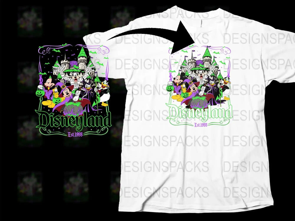 Disneyland Halloween T-Shirt, Spooky Castle and Cartoon Characters, Unisex White Tee