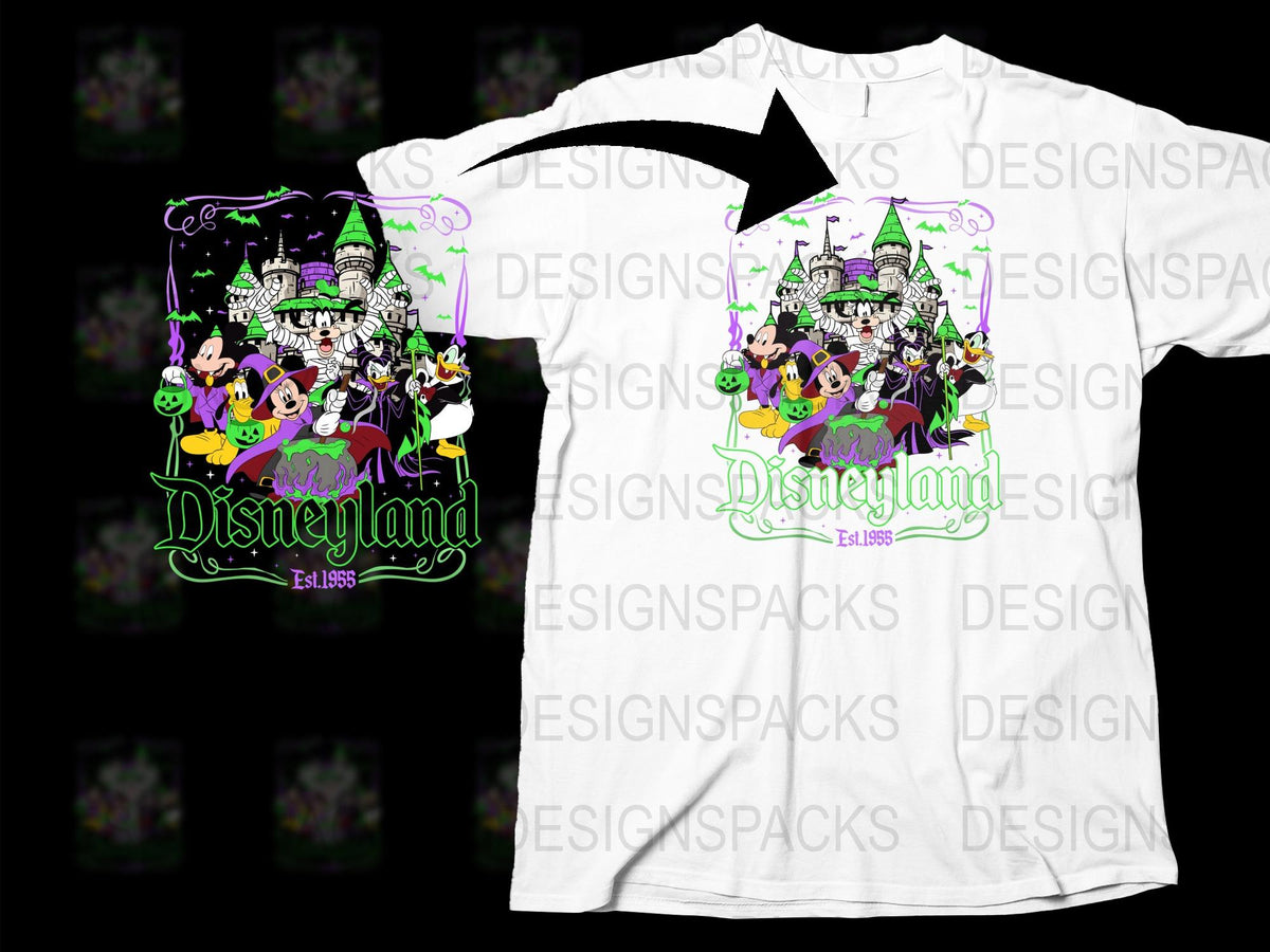 Disneyland Halloween T-Shirt, Spooky Castle and Cartoon Characters, Unisex White Tee