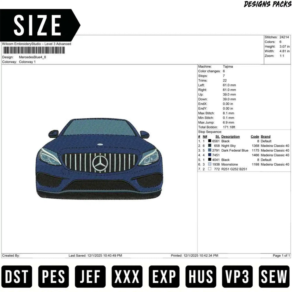 Wilcom Embroidery Studio screen showing Mercedes logo, stitch count, and color details.