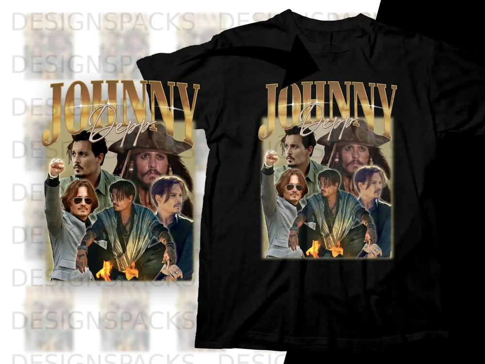 T-shirt featuring Johnny Depp montage with flaming accents.