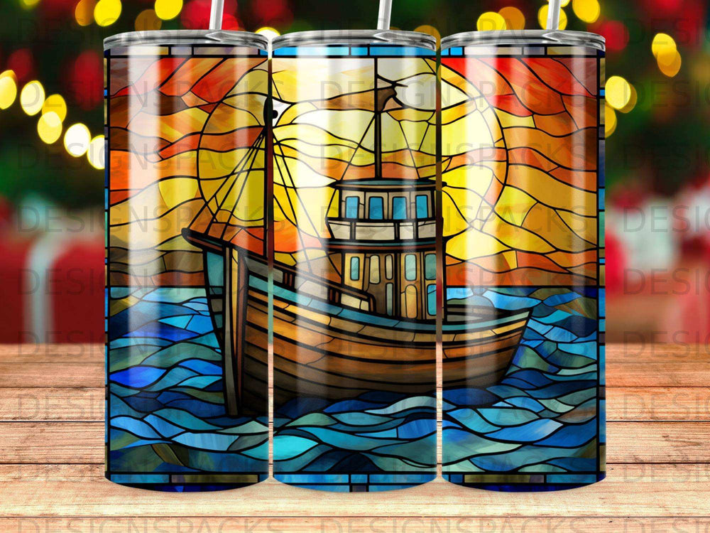 Stained glass depiction of a ship sailing on a colorful, wavy sea under a glowing sun.