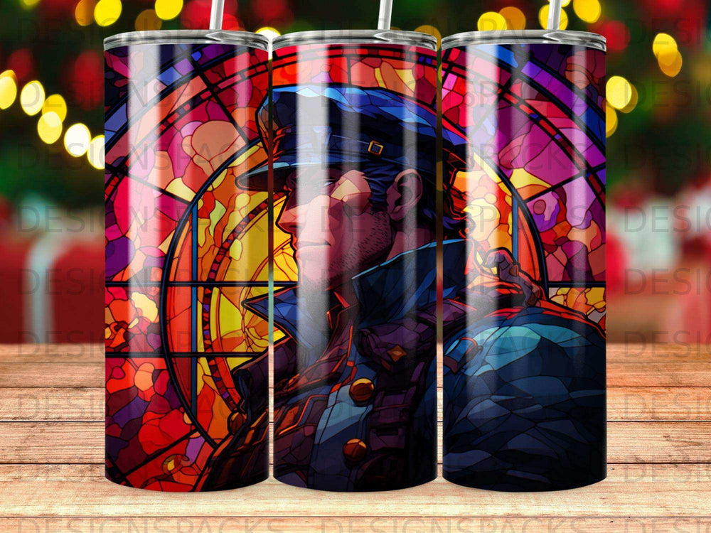 Anime character in stained glass pattern on a tumbler.