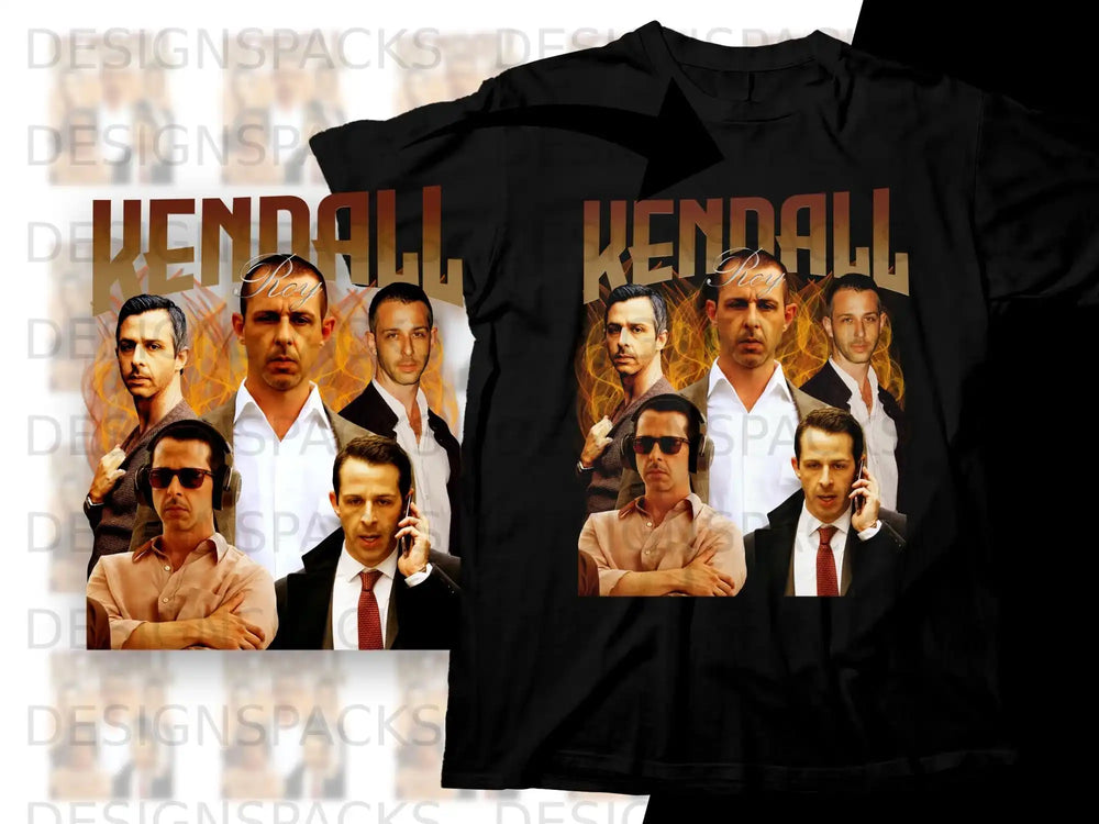 T-shirt design with multiple images of a man wearing sunglasses and a suit.