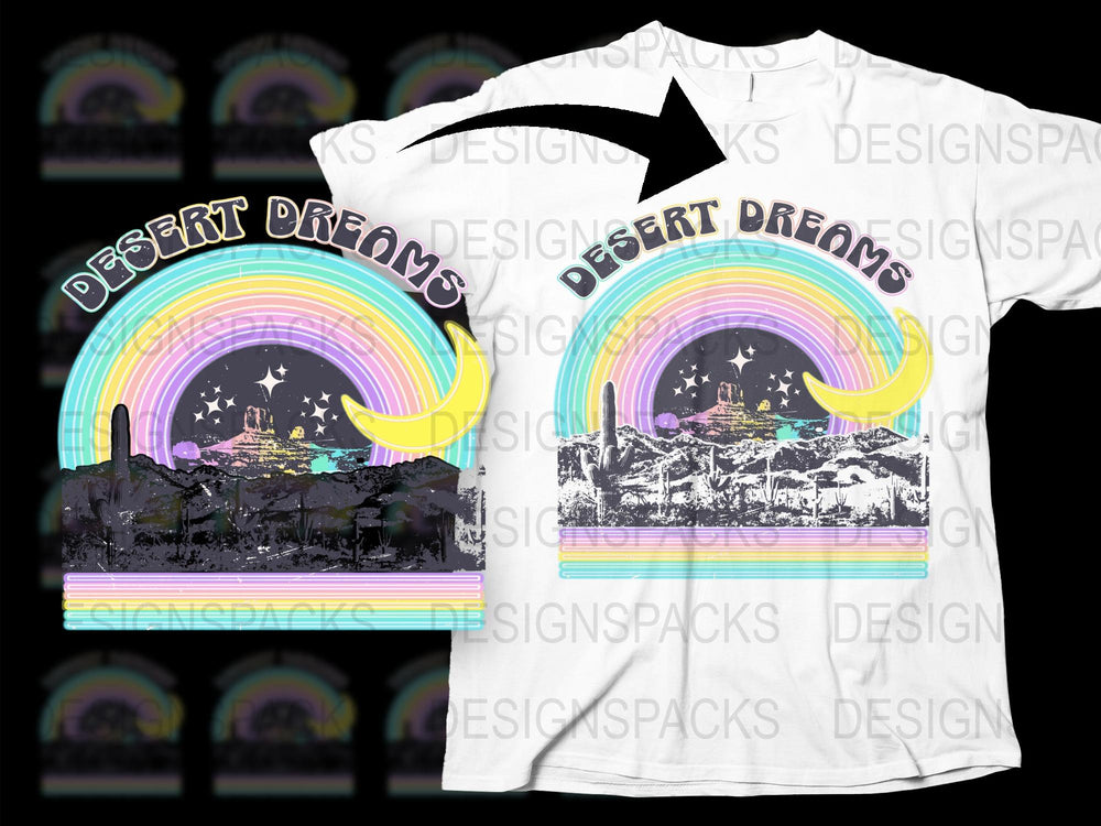 Desert Dreams Rainbow Graphic T-Shirt, Vintage Style Retro Print, Unisex Fashion Tee for Casual Wear