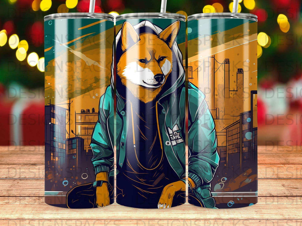 Anthropomorphic fox character wearing a hoodie and sitting against a cityscape.