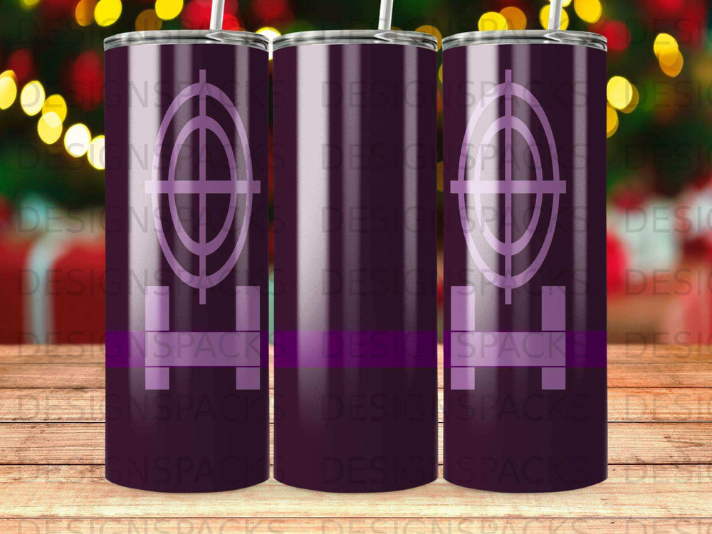Tumbler with purple target design and repeating "DESIGNSPACKS" watermark.