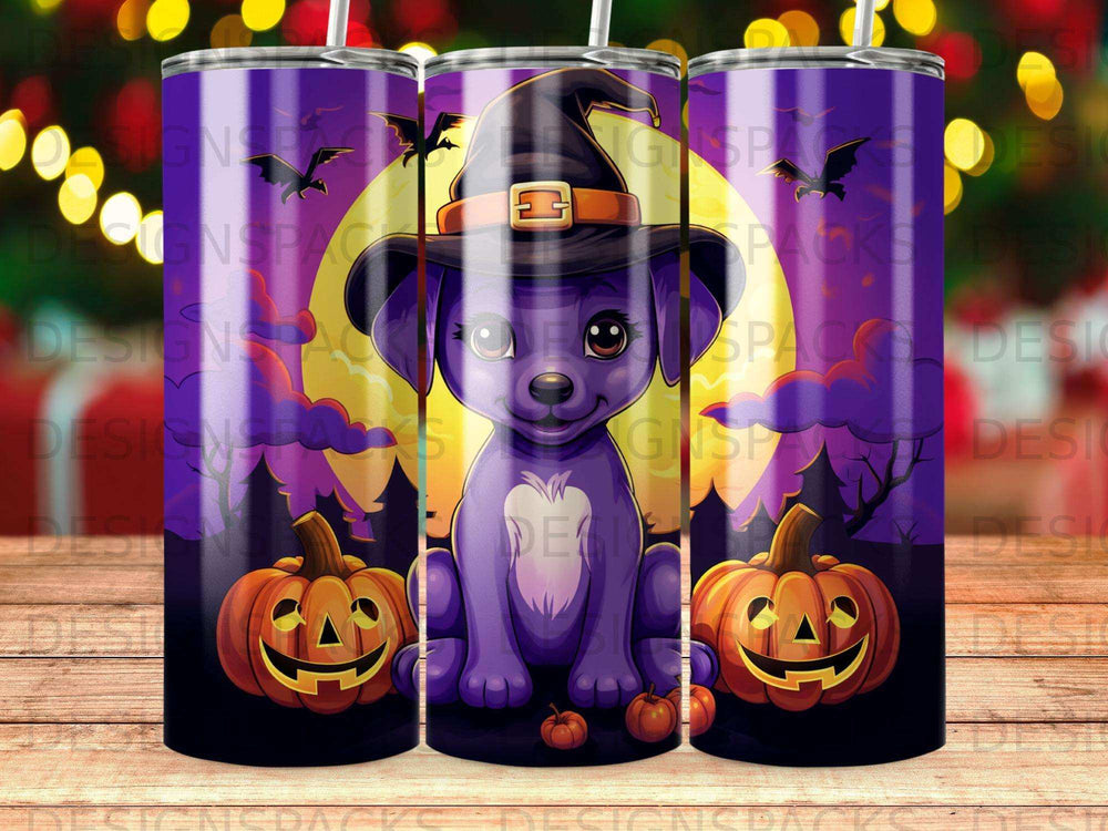 Purple dog in witch hat with pumpkins and moon, Halloween design.