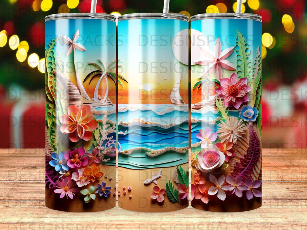 Beach scene with palm trees, ocean, and vibrant floral border.
